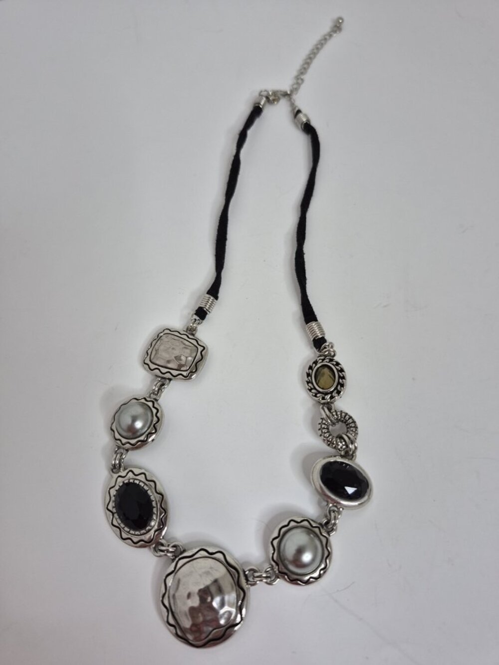 Lia Sophia Steel Drum Antique Silver Tone Hammered Black Cord Necklace 16" - 18"
